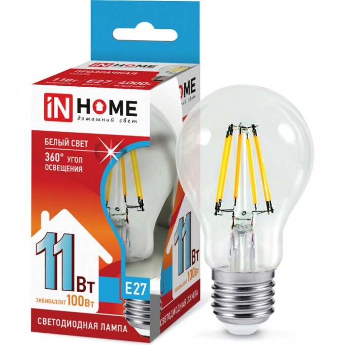 Лампа светодиодная IN HOME LED-A60-DECO 11Вт 230В Е27 4000К 1160Лм прозрачная 4690612026145
