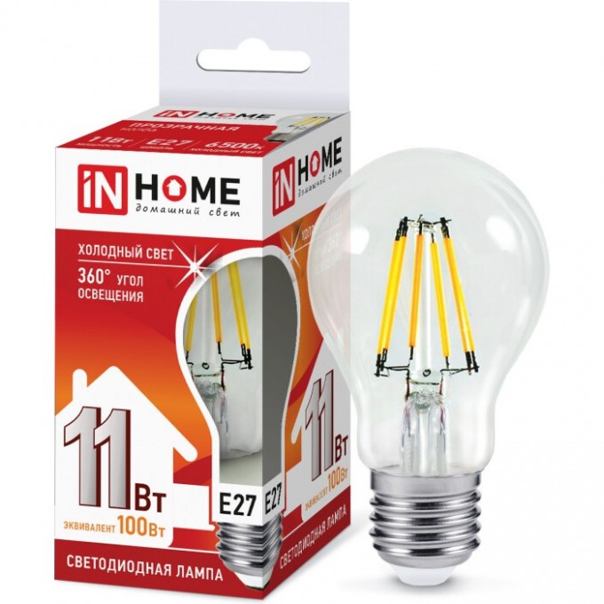 Лампа светодиодная IN HOME LED-A60-DECO 11Вт 230В Е27 6500К 1160Лм прозрачная 4690612026169