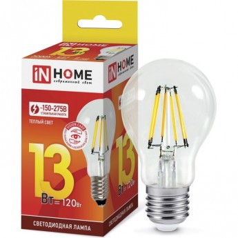 Лампа светодиодная IN HOME LED-A60-DECO 13Вт 230В Е27 3000К 1370Лм прозрачная