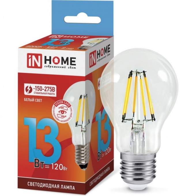 Лампа светодиодная IN HOME LED-A60-DECO 13Вт 230В Е27 4000К 1370Лм прозрачная 4690612035604