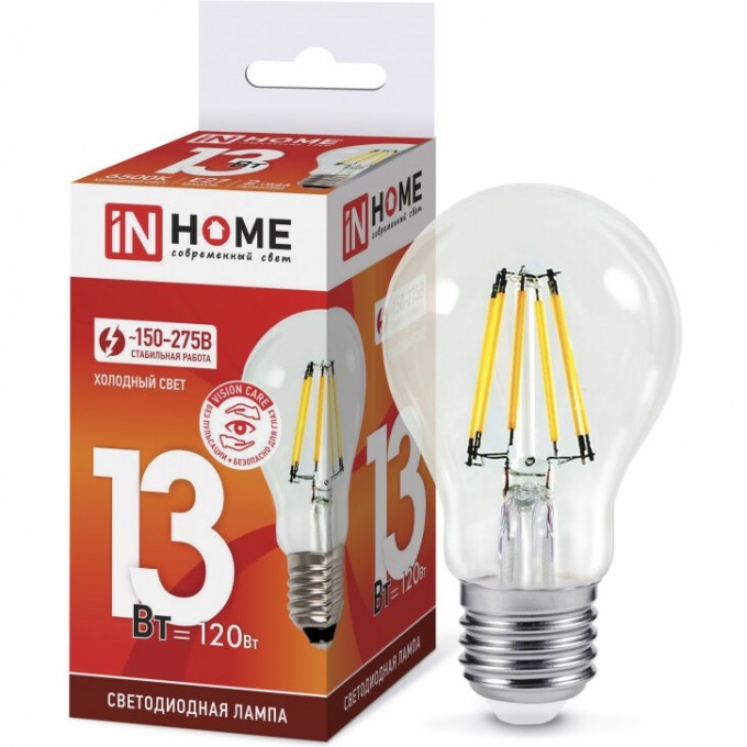 Лампа светодиодная IN HOME LED-A60-DECO 13Вт 230В Е27 6500К 1370Лм прозрачная 4690612035628