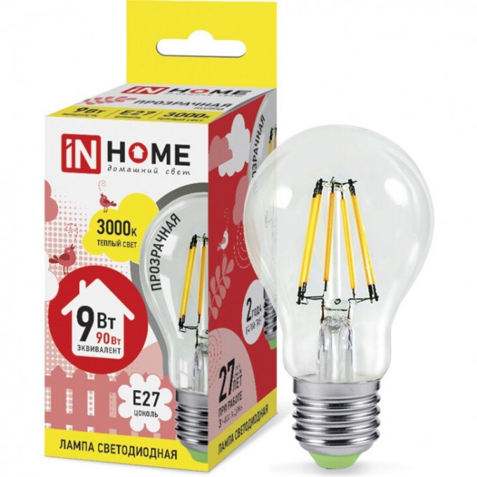 Лампа светодиодная IN HOME LED-A60-DECO 9Вт 230В Е27 3000К 1040Лм прозрачная 4690612008066