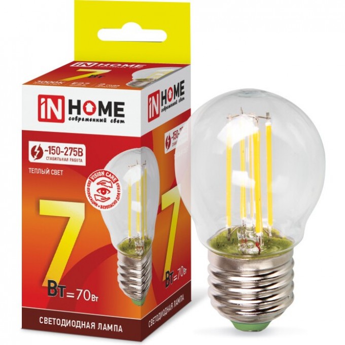 Лампа светодиодная IN HOME LED-ШАР-DECO 7Вт 230В Е27 3000К 810Лм прозрачная 4690612016320