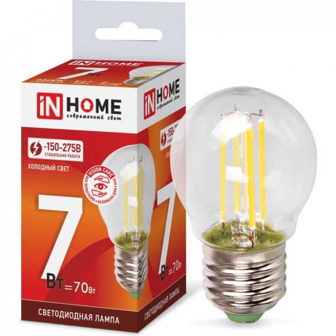 Лампа светодиодная IN HOME LED-ШАР-DECO 7Вт 230В Е27 6500К 810Лм прозрачная 4690612036427