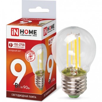 Лампа светодиодная IN HOME LED-ШАР-DECO 9Вт 230В Е27 6500К 1040Лм прозрачная