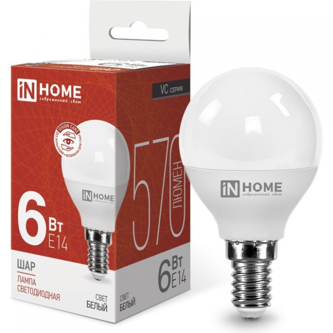 Лампа светодиодная IN HOME LED-ШАР-VC 6Вт 230В Е14 4000К 570Лм 4690612020518