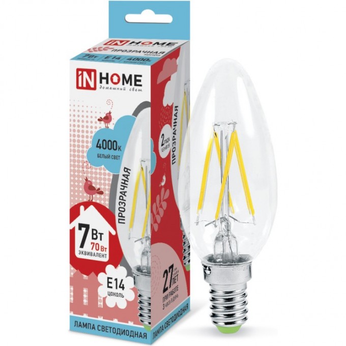 Лампа светодиодная IN HOME LED-СВЕЧА-DECO 7Вт 230В Е14 4000К 810Лм прозрачная 4690612007618