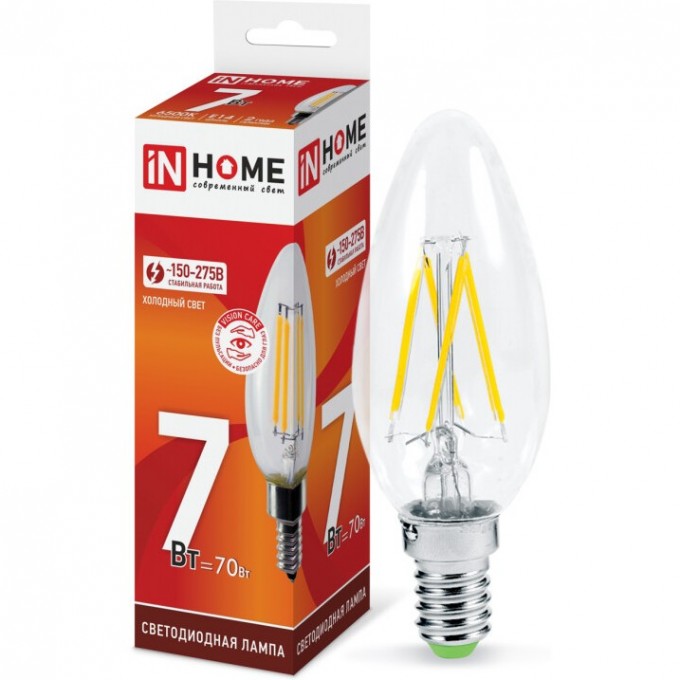 Лампа светодиодная IN HOME LED-СВЕЧА-DECO 7Вт 230В Е14 6500К 810Лм прозрачная 4690612029665