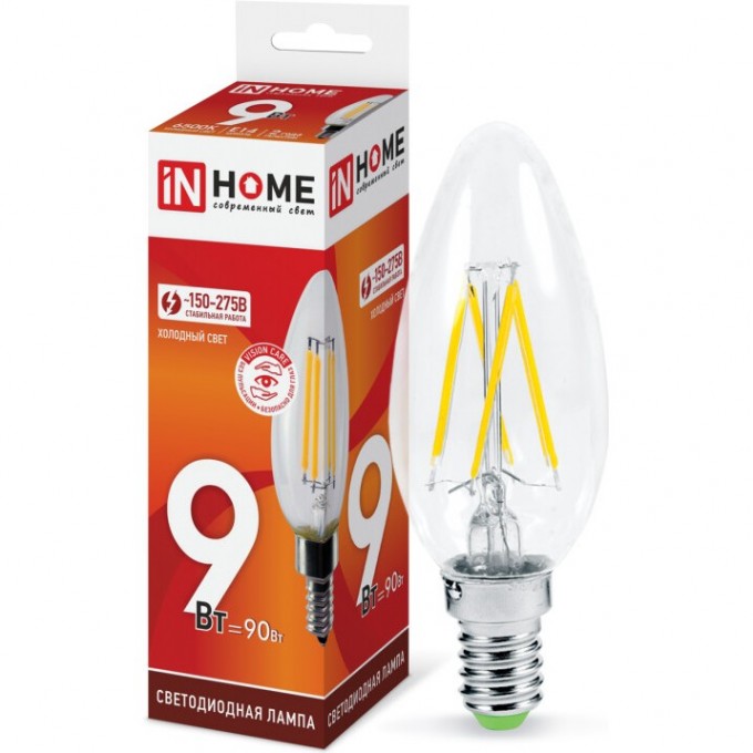 Лампа светодиодная IN HOME LED-СВЕЧА-DECO 9Вт 230В Е14 6500К 1040Лм прозрачная 4690612030197
