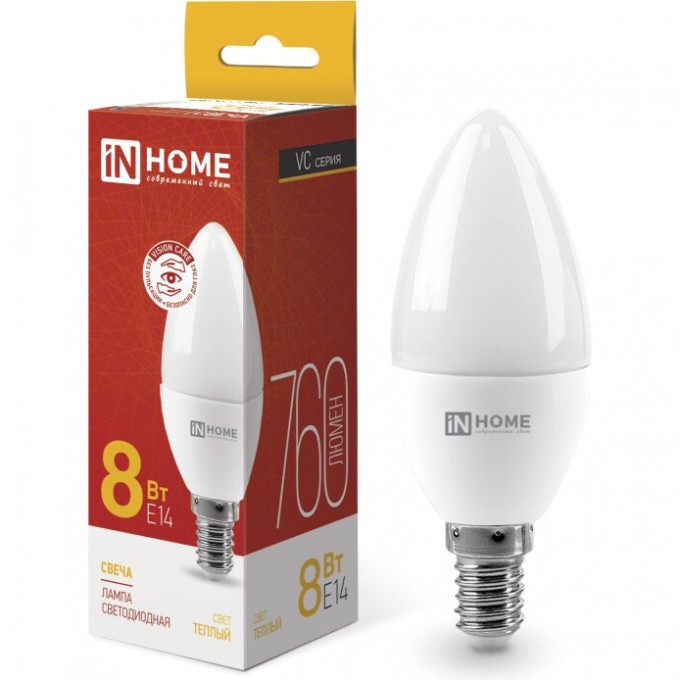 Лампа светодиодная IN HOME LED-СВЕЧА-VC 8Вт 230В Е14 3000К 760Лм 4690612020426