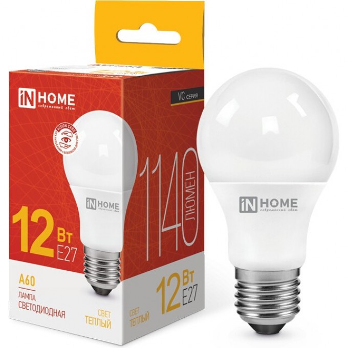 Лампа светодиодная LED-A60-VC 12Вт 230В Е27 3000К 1140Лм IN HOME 4690612020235