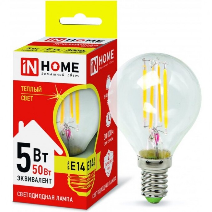 Лампа светодиодная LED-ШАР-DECO 5Вт 230В Е14 3000К 450Лм прозрачная IN HOME 4690612007687