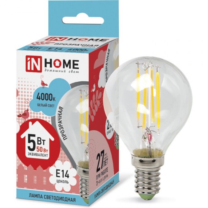 Лампа светодиодная LED-ШАР-DECO 5Вт 230В Е14 4000К 450Лм прозрачная IN HOME 4690612007694