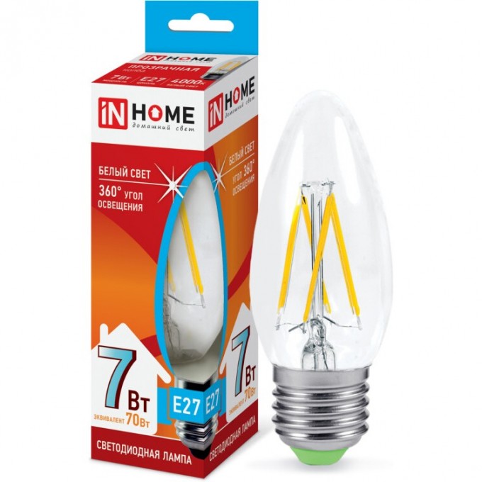 Лампа светодиодная LED-СВЕЧА-DECO 7Вт 230В Е27 4000К 630Лм прозрачная IN HOME 4690612016399