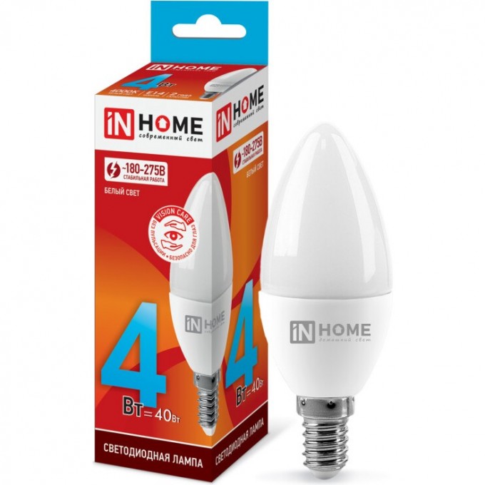 Лампа светодиодная LED-СВЕЧА-VC 4Вт 230В Е14 4000К 360Лм IN HOME 4690612030159