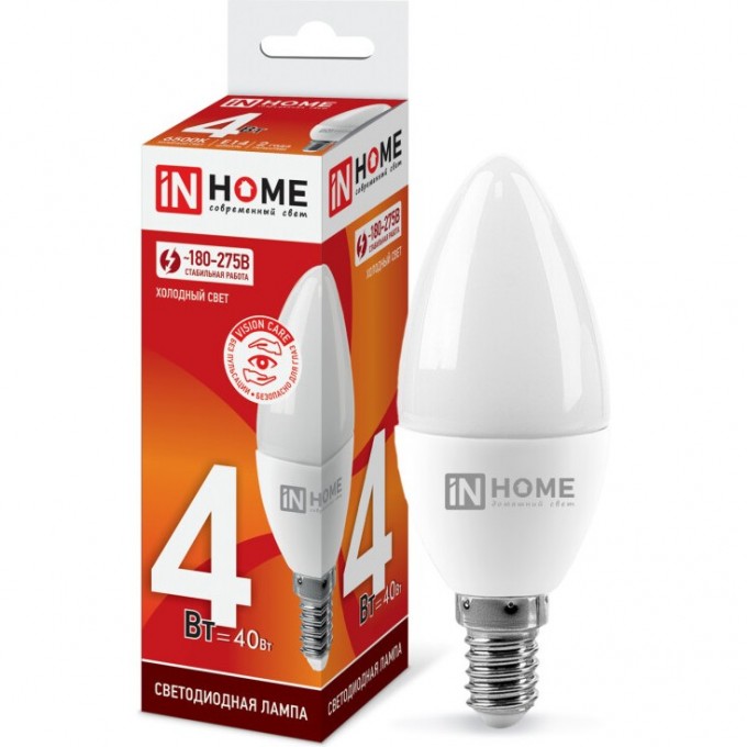 Лампа светодиодная LED-СВЕЧА-VC 4Вт 230В Е14 6500К 360Лм IN HOME 4690612030135