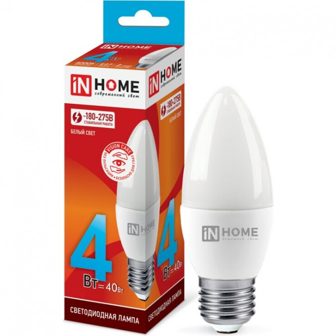 Лампа светодиодная LED-СВЕЧА-VC 4Вт 230В Е27 4000К 360Лм IN HOME 4690612030098