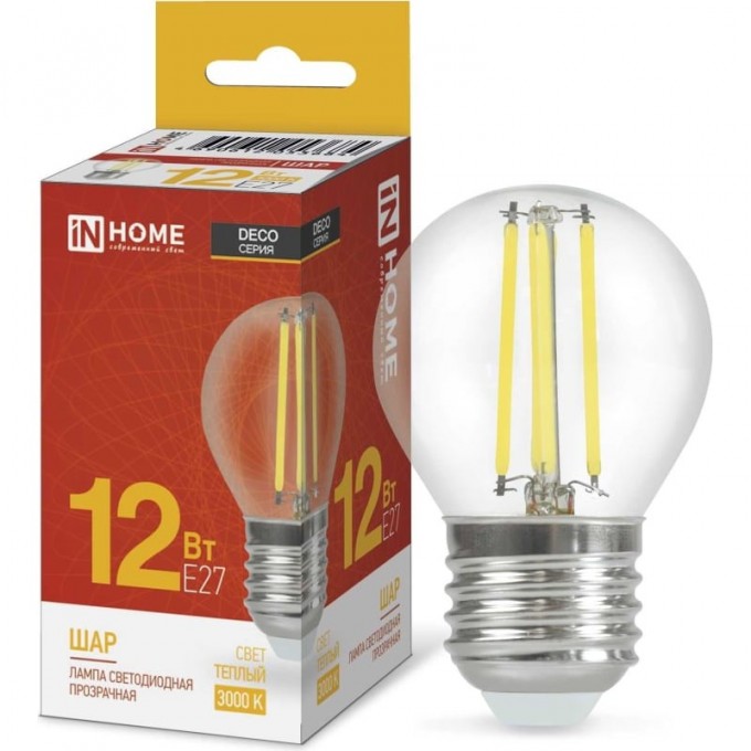 Лампа IN HOME LED-ШАР-DECO 12Вт 230В Е27 3000К 1350Лм прозрачная 4690612053684