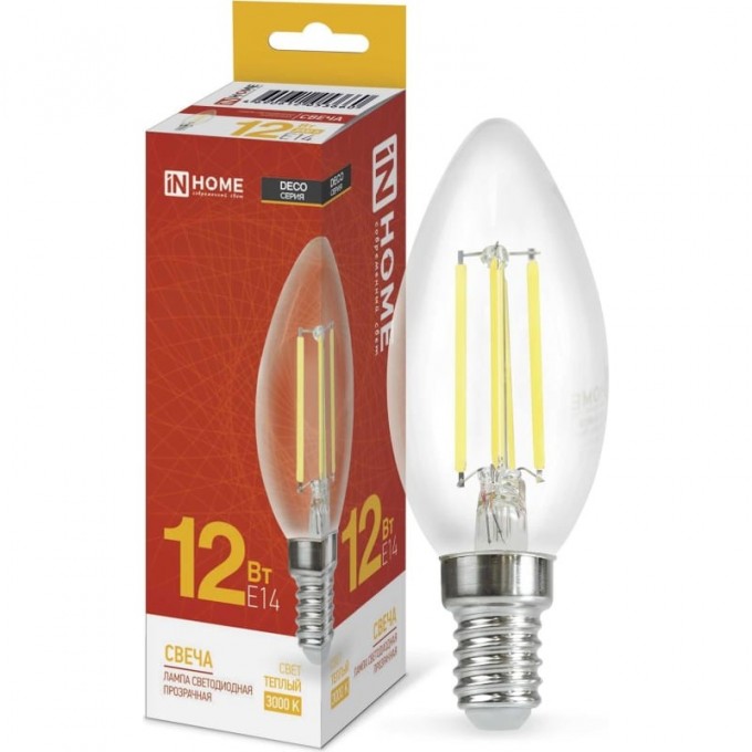 Лампа IN HOME LED-СВЕЧА-deco 12Вт 230В Е14 3000К 1350Лм прозрачная 4690612053660