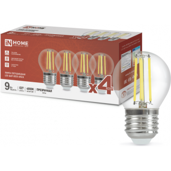 Лампа светодиодная IN HOME LED-ШАР-DECO 4PACK 9Вт 230В Е27 4000К 1040Лм 4шт./упак прозрачная