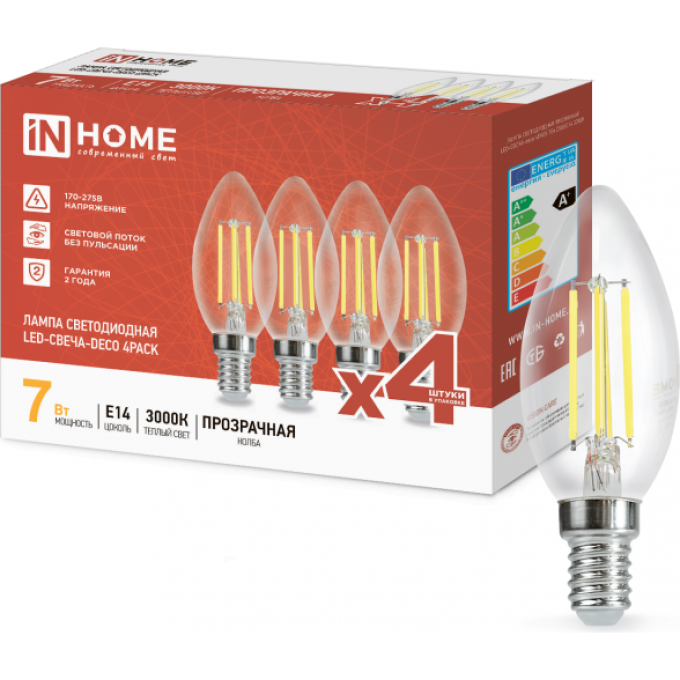 Лампа светодиодная IN HOME LED-СВЕЧА-DECO 4PACK 7Вт 230В Е14 3000К 810Лм прозрачная 4690612053431