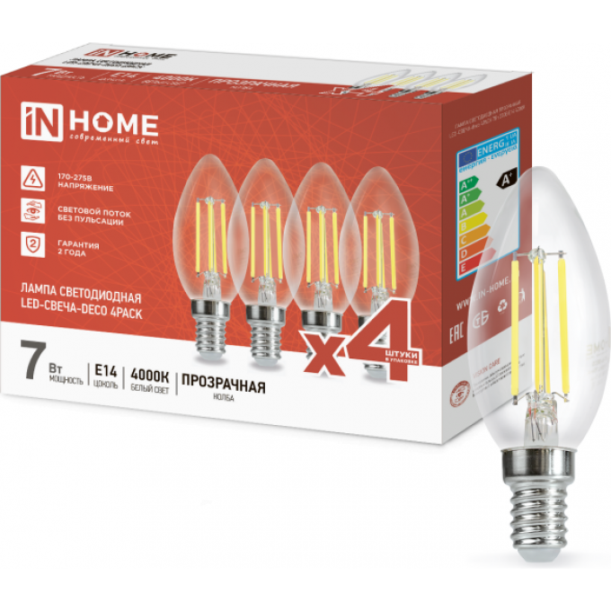Лампа светодиодная IN HOME LED-СВЕЧА-DECO 4PACK 7Вт 230В Е14 4000К 810Лм прозрачная 4690612053448