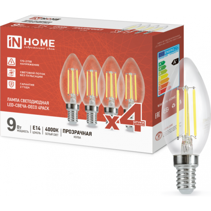 Лампа светодиодная IN HOME LED-СВЕЧА-deco 4PACK 9Вт 230В Е14 4000К 1040Лм прозрачная 4690612052557