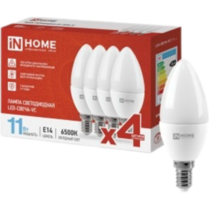 Лампа светодиодная IN HOME LED-СВЕЧА-VC 4PACK 11Вт 230В Е14 6500К 1050Лм 4690612047805