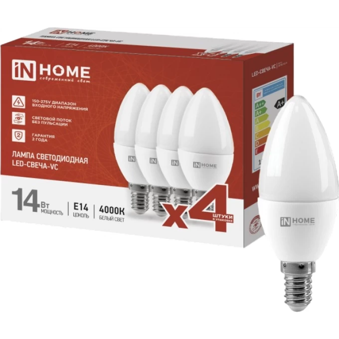 Лампа светодиодная IN HOME LED-СВЕЧА-VC 4PACK 14Вт 230В Е14 4000К 1330Лм 4шт./упак 4690612052328