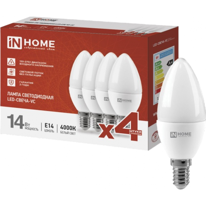Лампа светодиодная IN HOME LED-СВЕЧА-VC 4PACK 14Вт 230В Е14 4000К 1330Лм 4шт./упак 4690612052328
