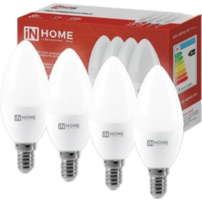 Лампа светодиодная IN HOME LED-СВЕЧА-VC 4PACK 8Вт 230В Е14 4000К 760Лм 4690612047782